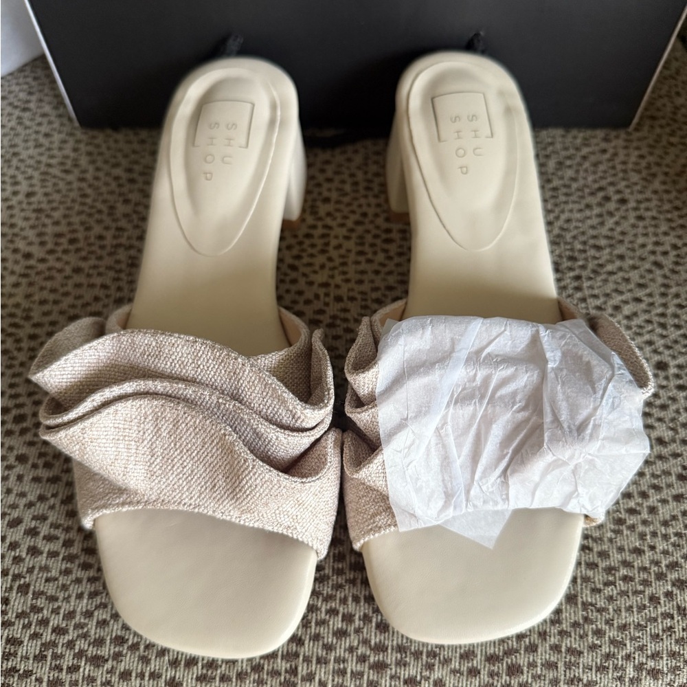 ShuShop Cream Chunky Heel Sandals with Ruched Detail